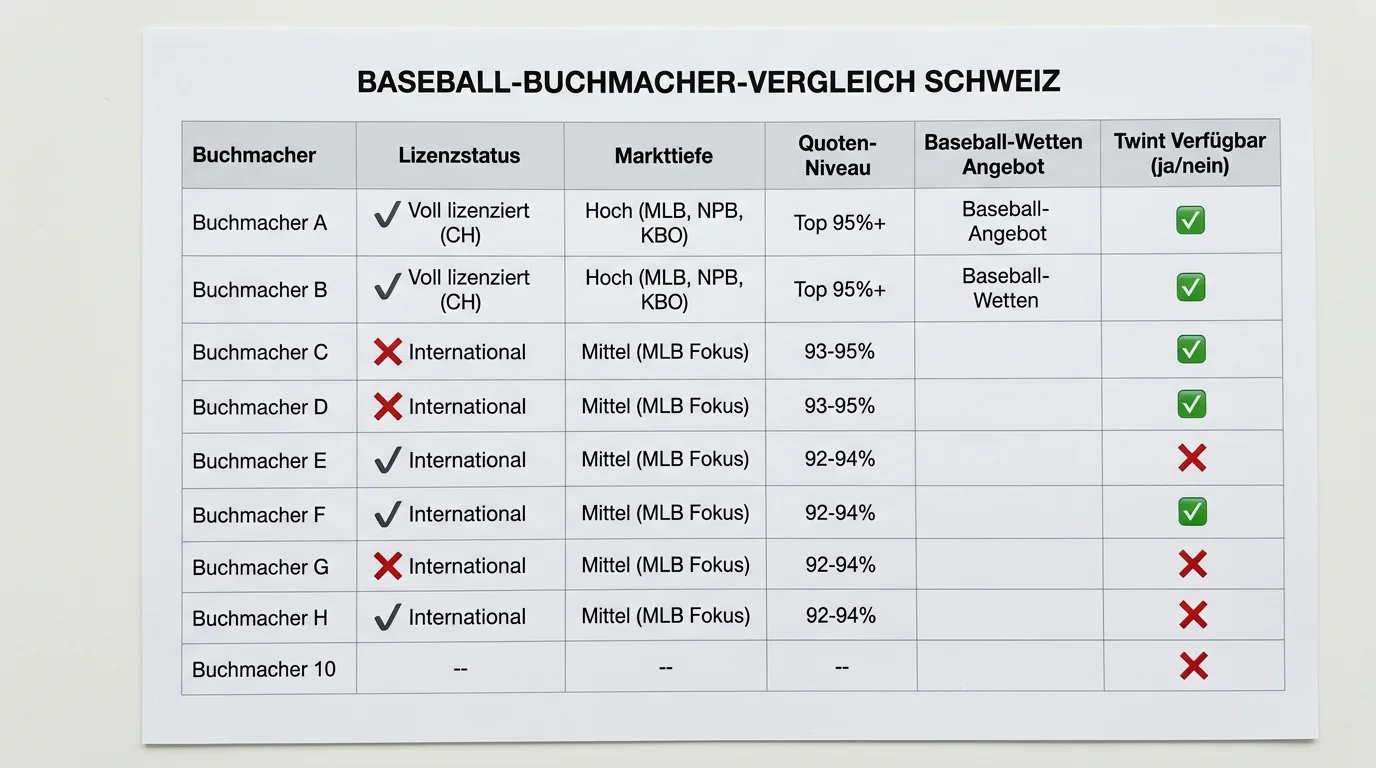 Baseball Buchmacher Vergleich Schweiz: Lizenzstatus, Quoten und Twint-Verfügbarkeit bei Sportwetten-Anbietern
