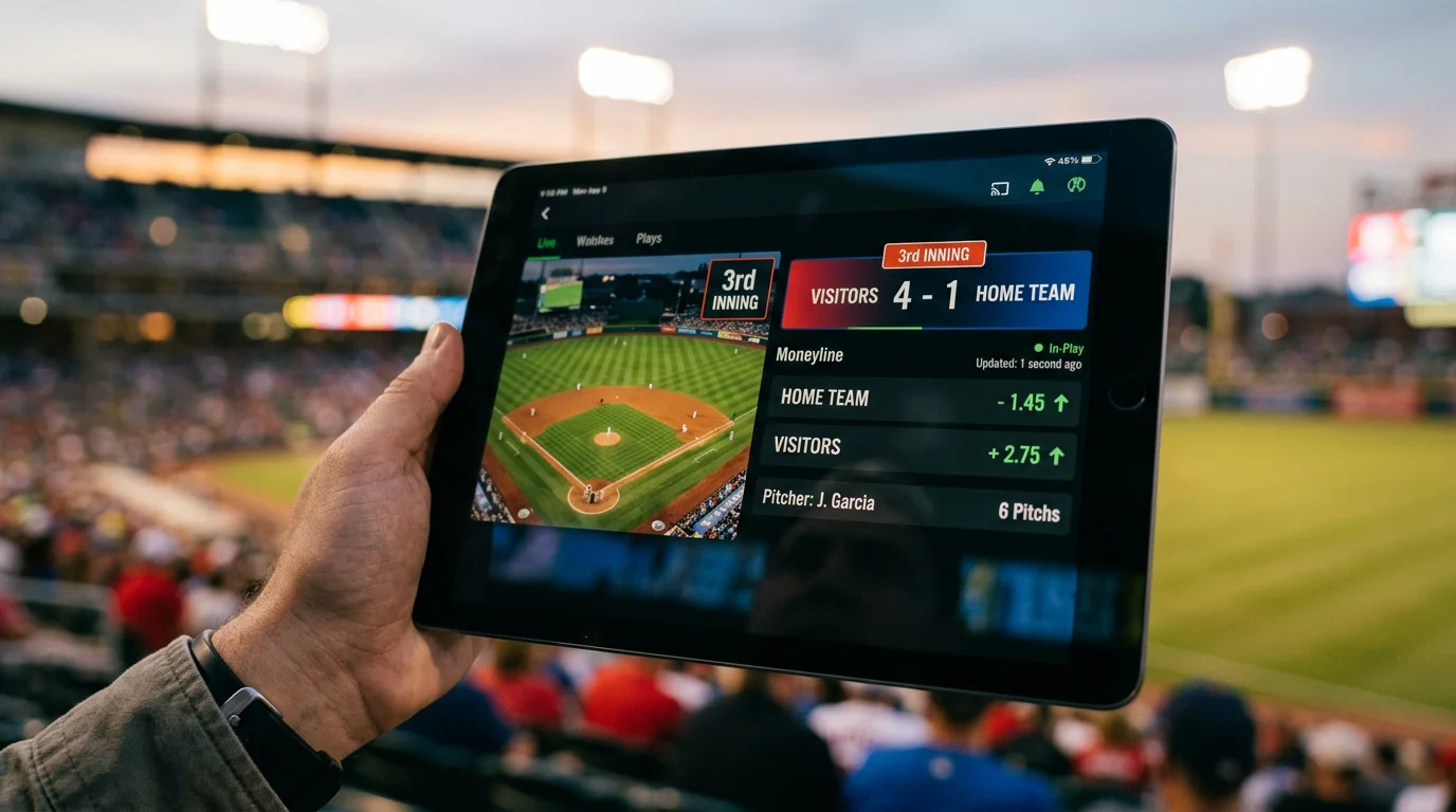 Baseball Live-Wetten in-play: Echtzeit-Quoten während eines MLB-Spiels mit Inning-Anzeige und Pitcher-Wechsel-Signal