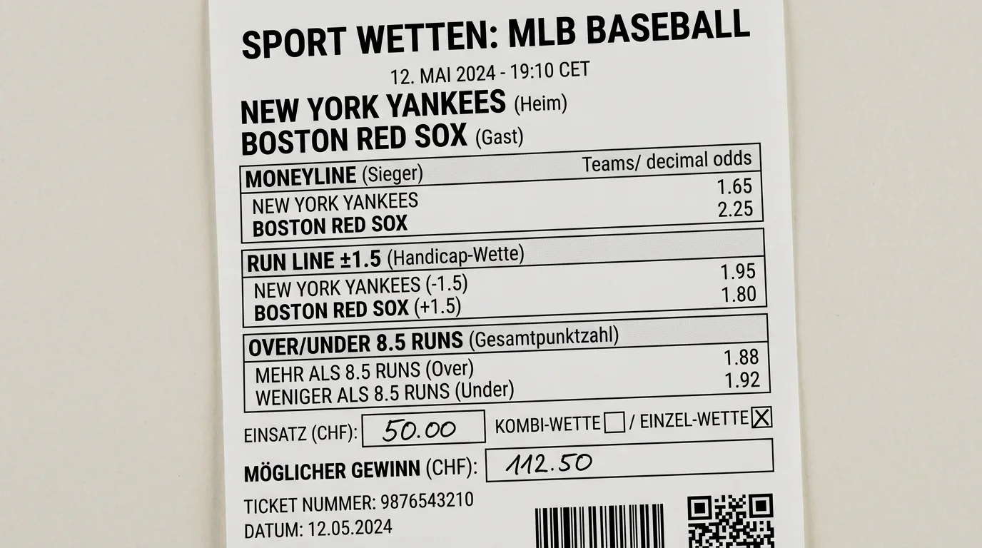 Übersicht der Baseball-Wettarten: Moneyline, Run Line Handicap und Over/Under Totals bei MLB-Wetten