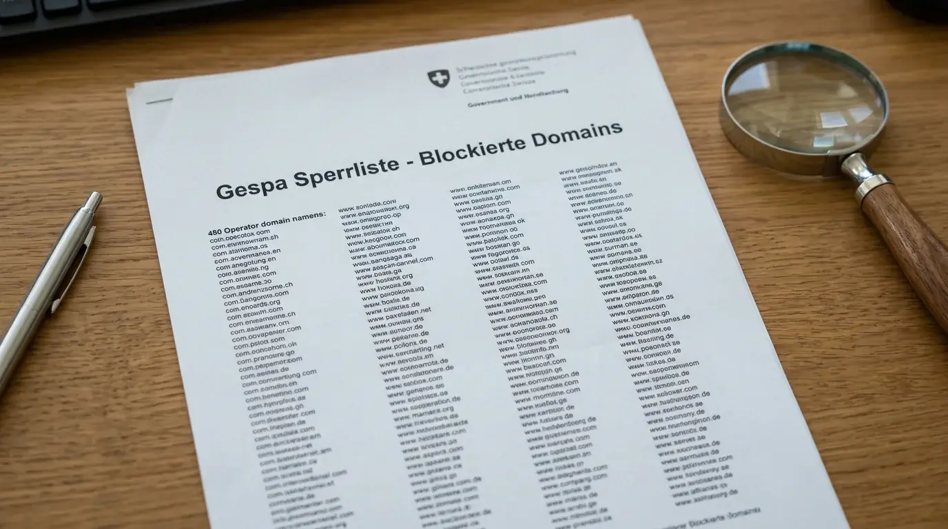 Gespa Sperrliste Schweiz: 490 gesperrte Buchmacher-Domains Ende 2024 und ESBK-Blocklist mit 2093 Einträgen