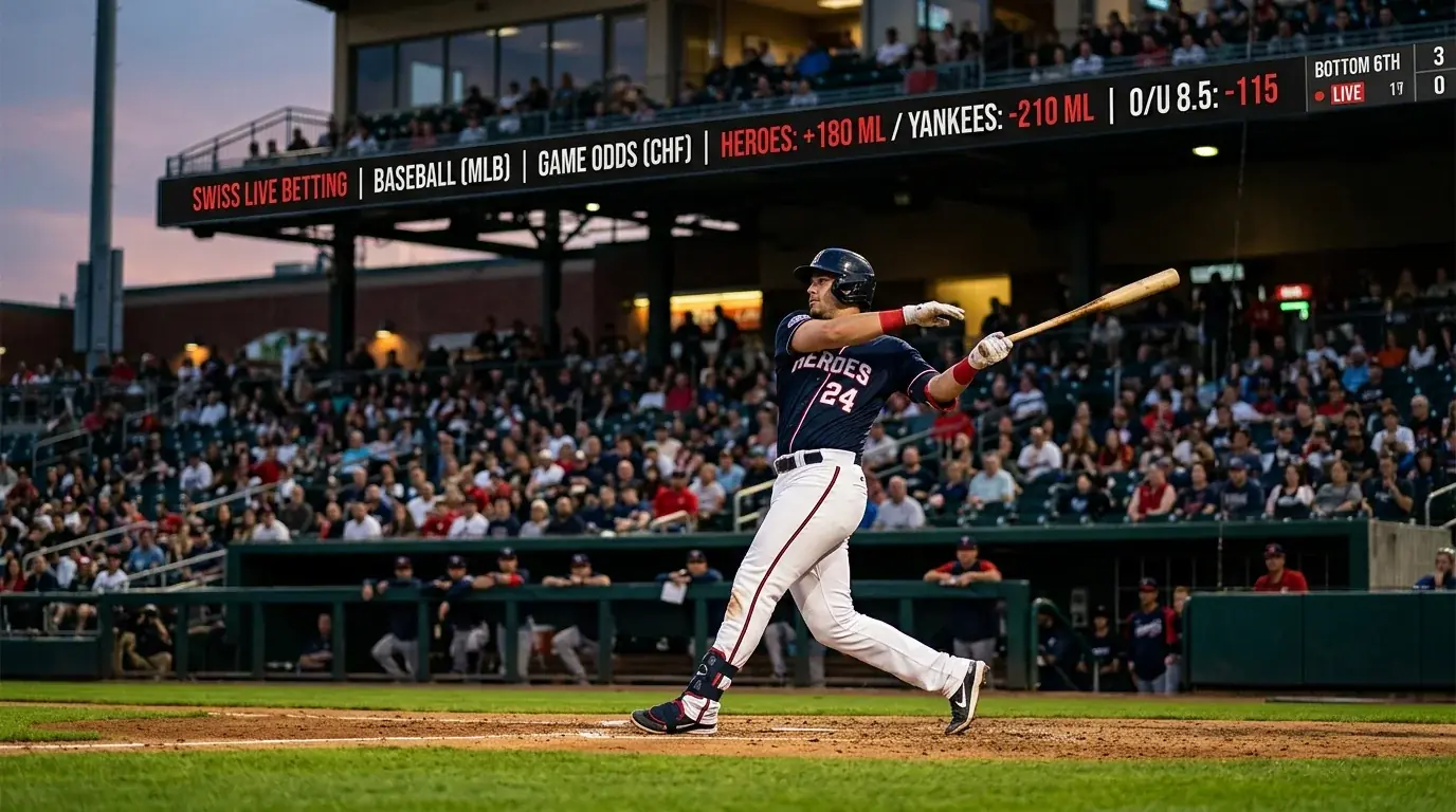 Baseball Live-Wetten online in der Schweiz: MLB-Spielfeld mit Quotentafel und Sportwetten-Interface